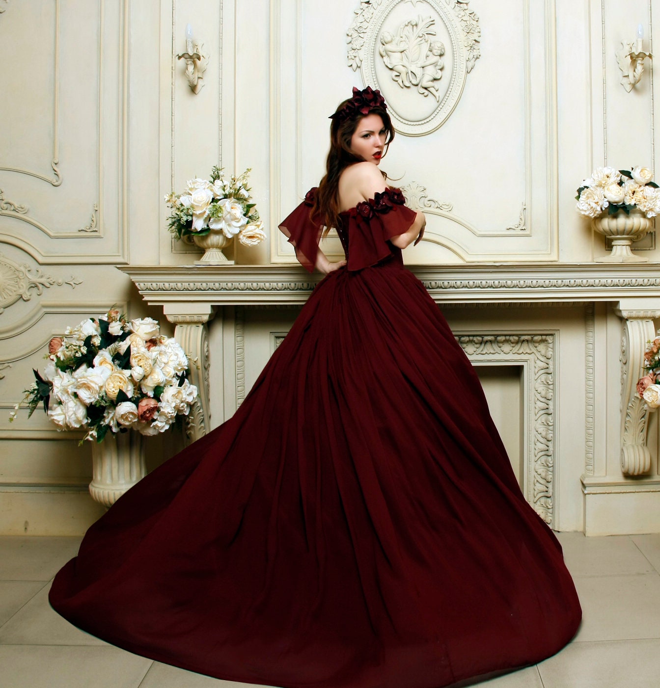 Luxurious Long Sleeves Burgundy Ball Gown,Sweet 16 Dress Y6097 –  Simplepromdress