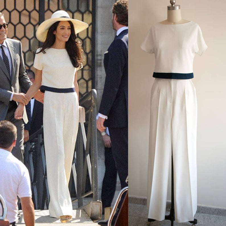 Amal Clooney Suit White Jumpsuit Cream Pants Wide leg jumpsuit