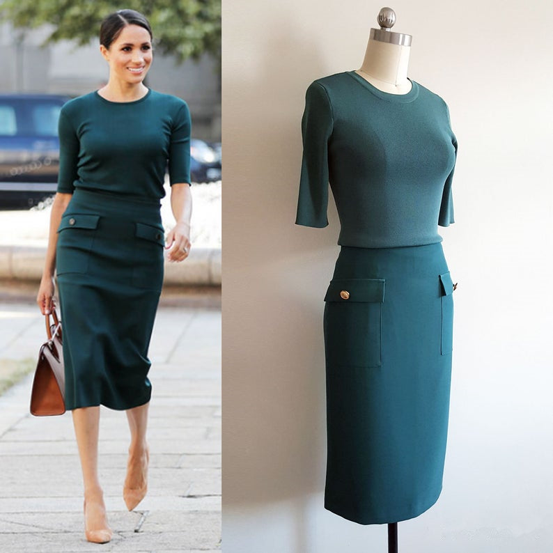 Meghan Markle Green Dress Green Outfit Knit Top and Skirt MJcostume Meghan Markle Green Dress Green Outfit Knit Top and Skirt MJcostume