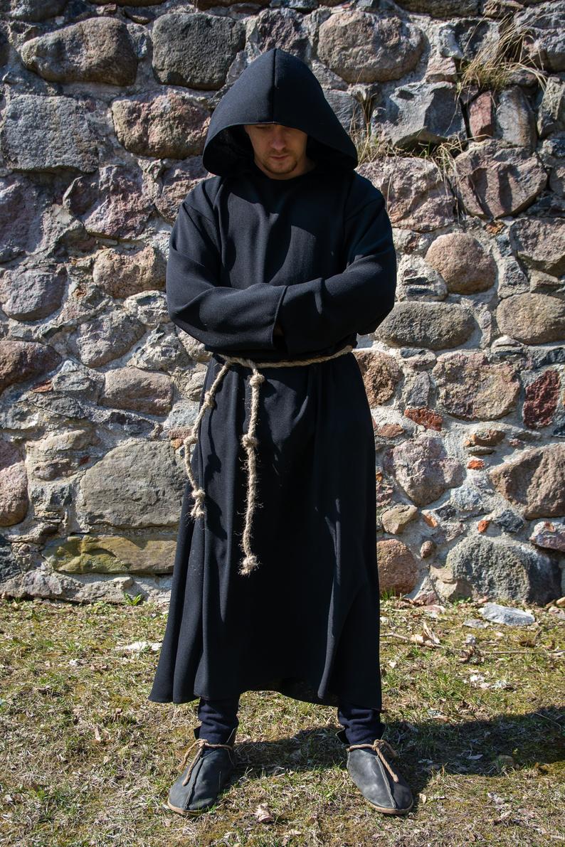 Black Mens Medieval Robe Grim Reaper Costume Hooded Monk Robe for Adults